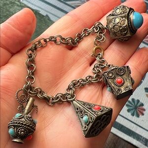 Etruscan Revival Silver Cannetille Filigree Fob Bracelet 4 Charms Charm Bracelet